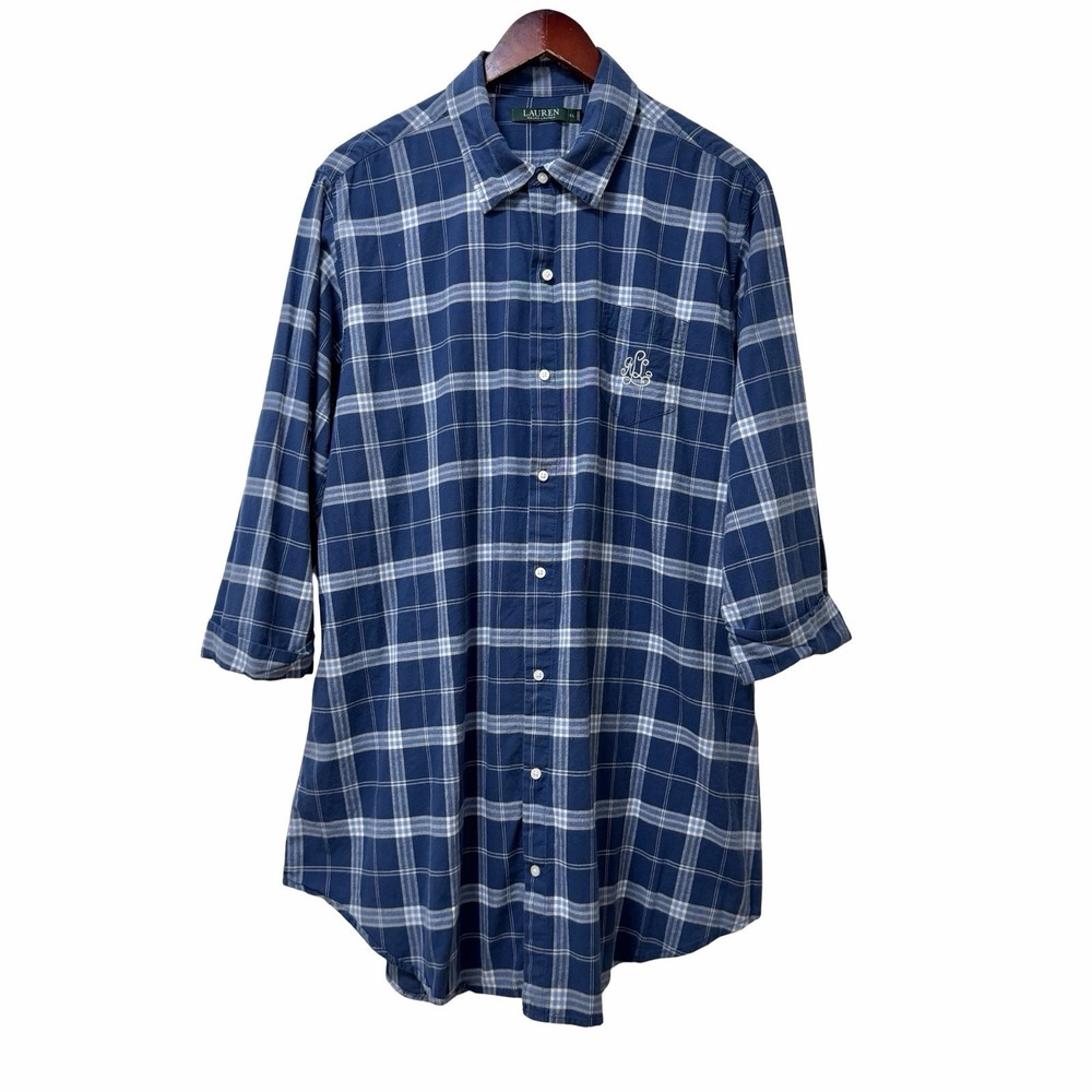 Lauren Ralph Lauren Plaid Flannel Button Down Sleep Shirt Size XL Navy Nightgown